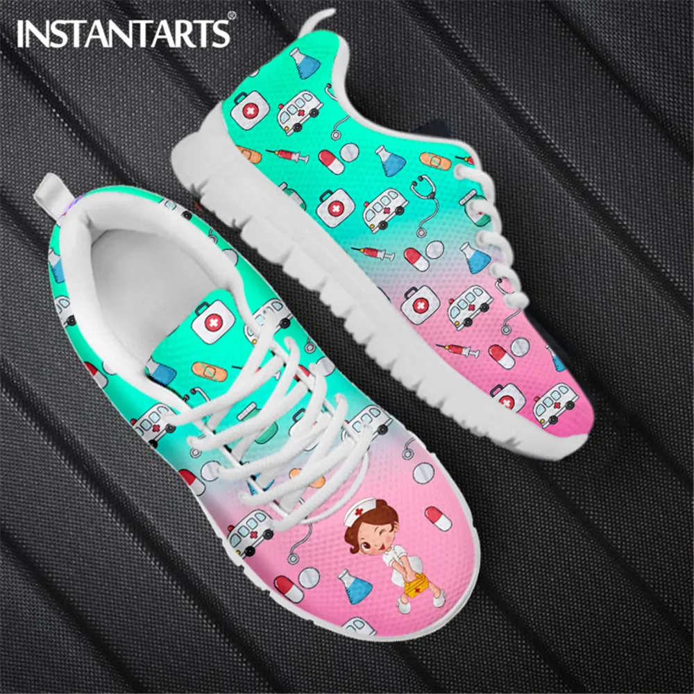 INSTANTARTS Gradient Cartoon Nurse Doctor Brand Design Mesh Flat Sneakers Spring Autumn Nursing Shoes Ladies Lace Up Footwear