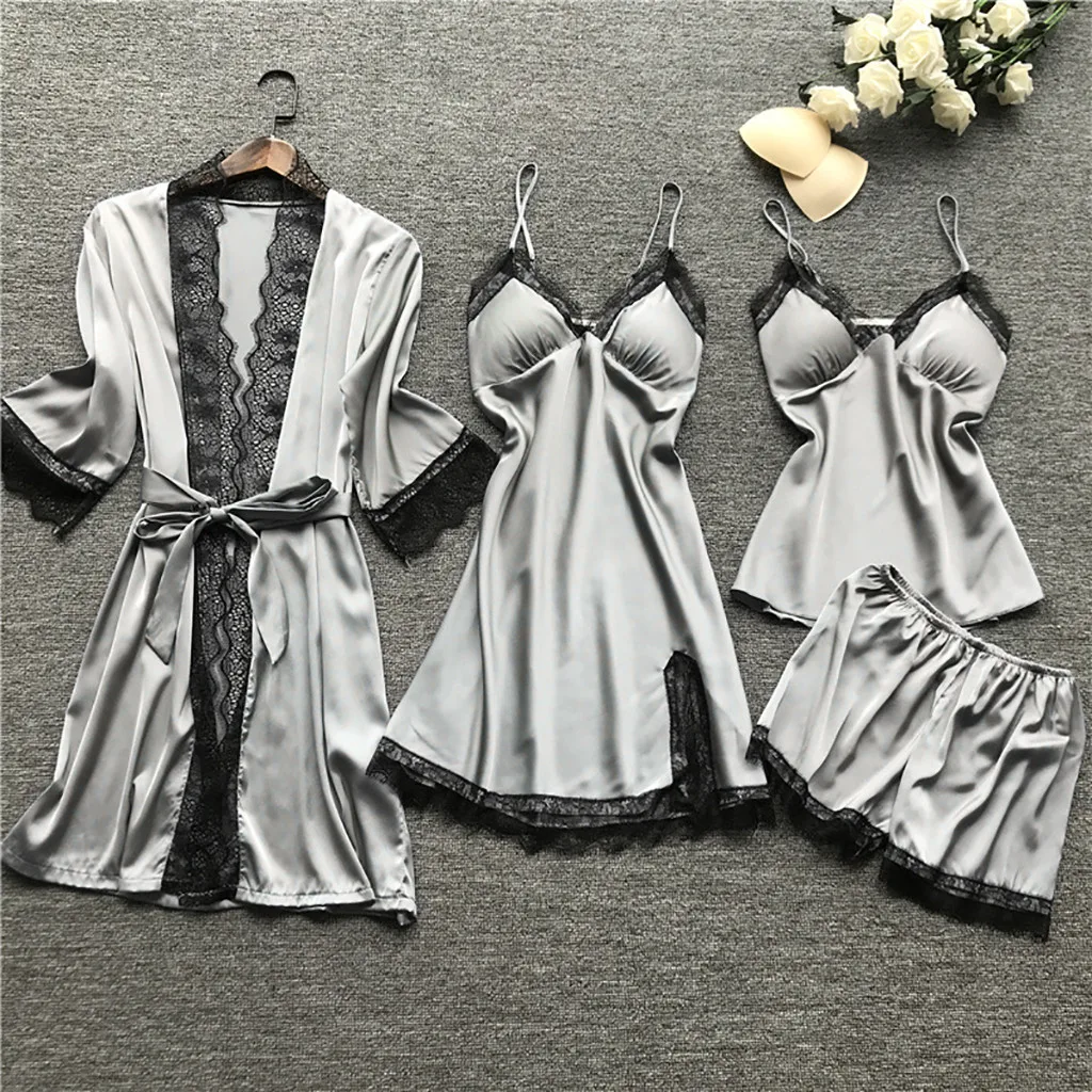 Hot Womens 4PC Pajamas Sets Lace Top Pants Sleepwear Suit Home Wear Nightwear Sexy Silk Satin Robe Bath Gown Nightdress 3XL