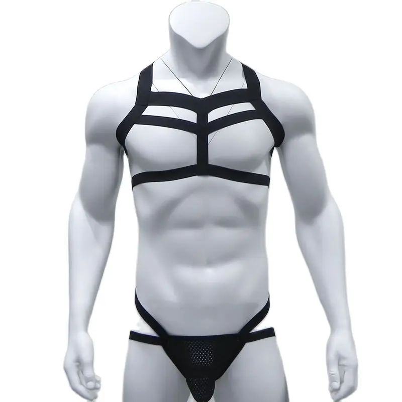 CLEVER-MENMODE Bondage Mens Harness Thongs Set Body Chest Costume G-string Jockstrap Lingerie Man Halter Neck Hollow Out Costume