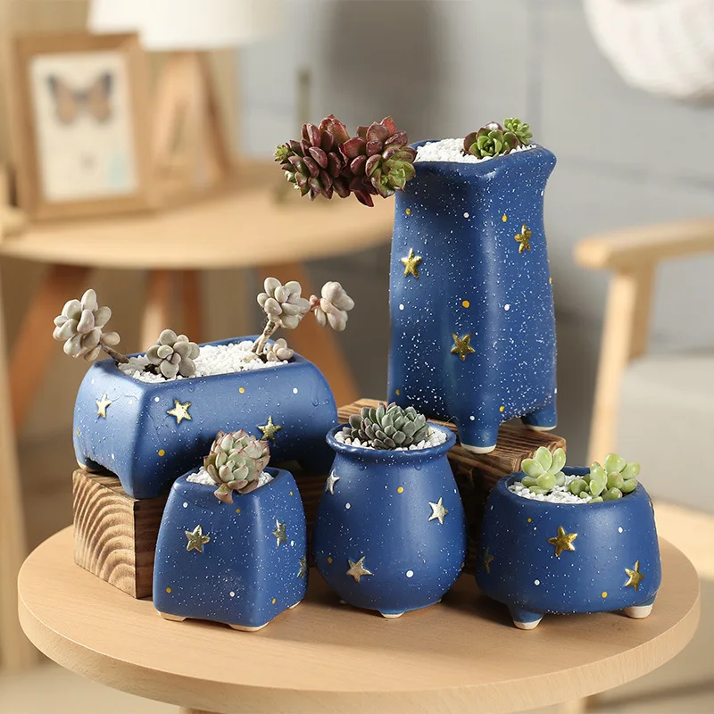 Blue Star Series Coarse Pottery Fleshy Flowerpot Old Pile Cartoon Plain Burning Breathable Retro Ceramic Flowerpot Indoor