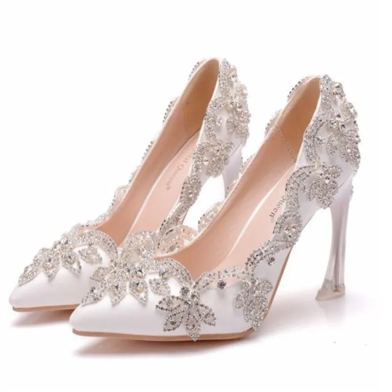 

Women's shoes high heels wedding fine heels white diamond shiny evening dress bridal shoes crystal pumps for party