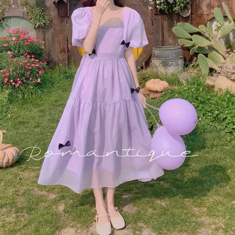 French Square Neck Puff Sleeve Dress Women Mesh Bow Loose Long Dress Summer New Purple Dresses Female