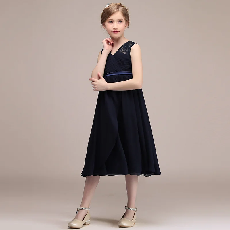 Dideyttawl Marine Blauwe Bloem Meisje Jurken Voor Wedding Party Korte Chiffon Kant Verjaardag Gown Knielengte Kids Junior Concert