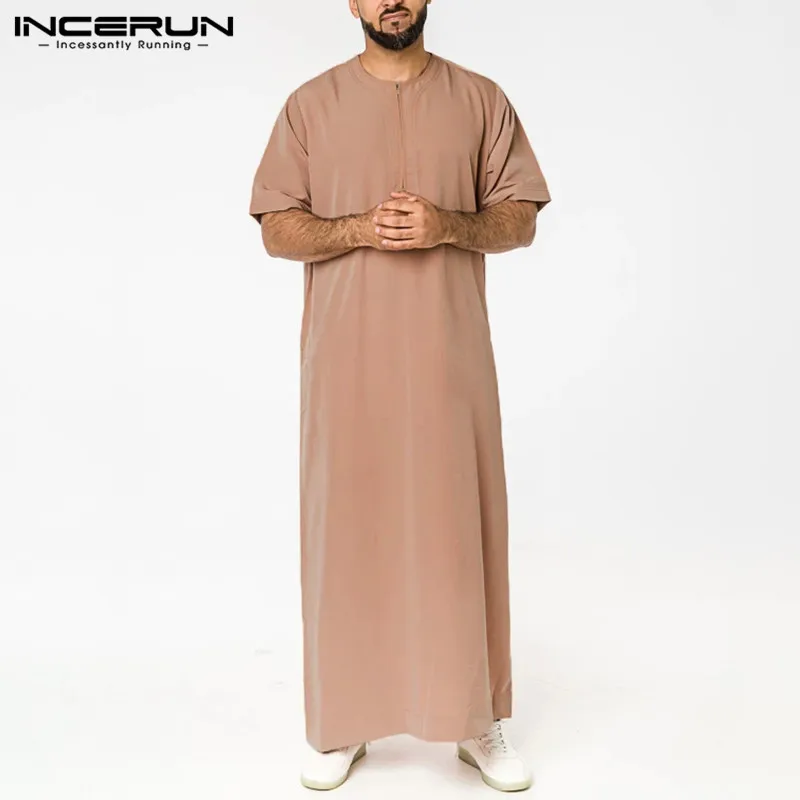 INCERUN 2024 Men\'s Muslim Jubba Thobe Solid Color Vintage Stand Collar Long Sleeve Robes Abaya Casual Male Islamic Arabic Kaftan