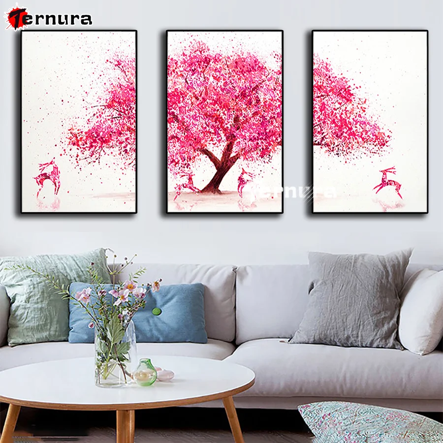 Pink tree Diamond Painting Flower branch Golden Deer Diamond Embroidery Animals Mosaic Rhinestone Northern Europe Handmade 3PCS