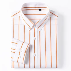 Camisas de moda de algodón 100% suave para hombre, camisa de manga larga con un solo bolsillo de parche, de estilo inglés, con botones, informal a rayas