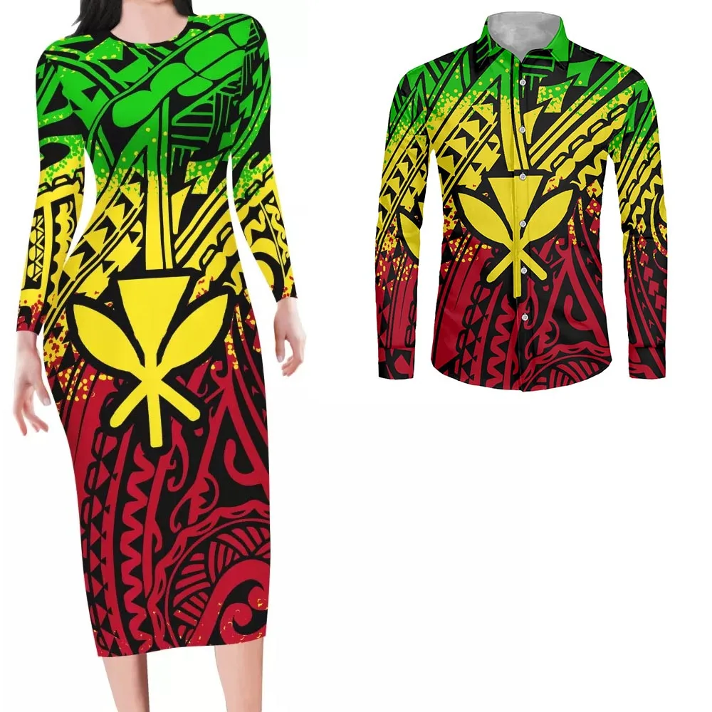 HYCOOL New College Casual Long Colorful Polynesian Tribal Printing Loose Long Sleeve Black Tonga Hawaii Woman Dress Stylish