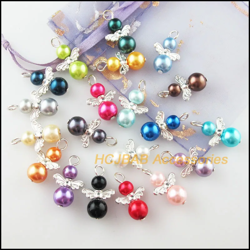 20Pcs Silver Plated Angel Mixed Ball Glass Pearl Beads Charms Pendants 14x21mm