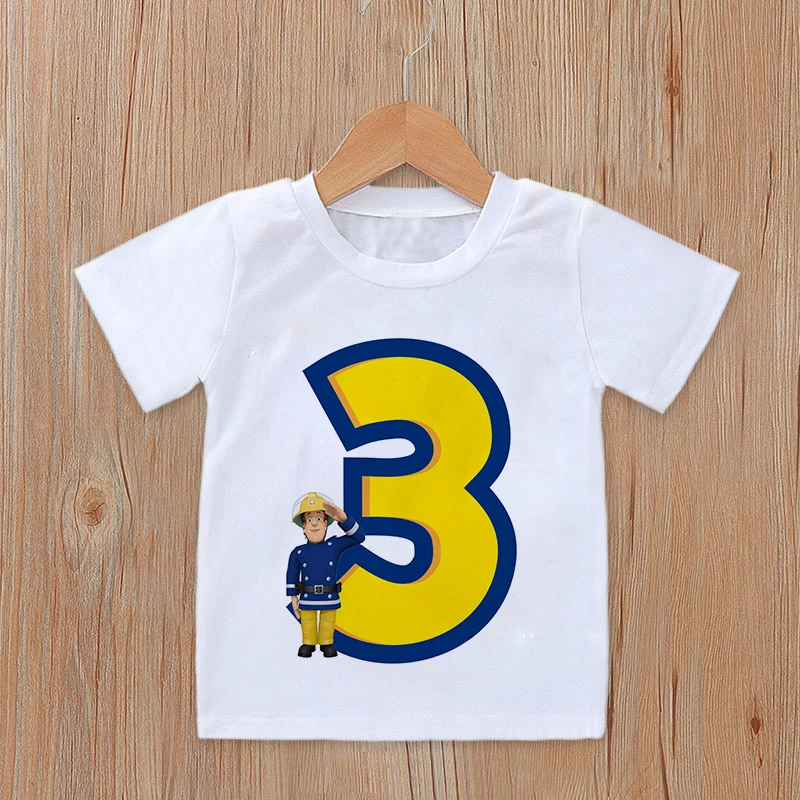 

New Baby Kids Cartoon Firemen Birthday Number Name Print T Shirt Children Birthday T-shirts Boy&Girl Funny Gift Tshirt Present