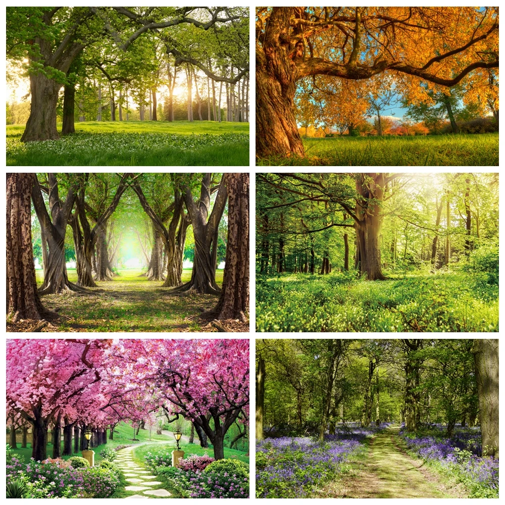 Laeacco Spring Natural Landscape Backgrounds For Photography Forest Trees Blossom Grassland Sunshine Jungle Backdrops Photozone