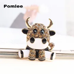 Pomlee Rhinestone Cute Enamel Milk Cow Brooches For Women Chinese Bull Year Design Fashion Animal Pin Brooch Good Gift