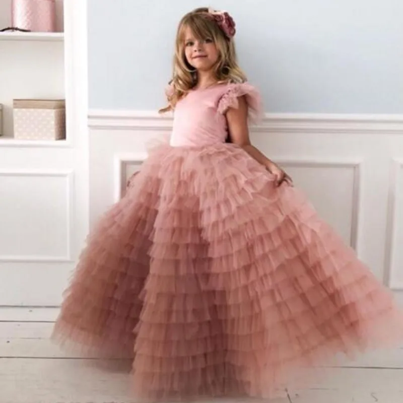 Ombre Dusty Pink Flower Girl Dresses Tulle Tiered Girls Communion Dress Sleeveless A Line Custom Made robe mariage enfant fille