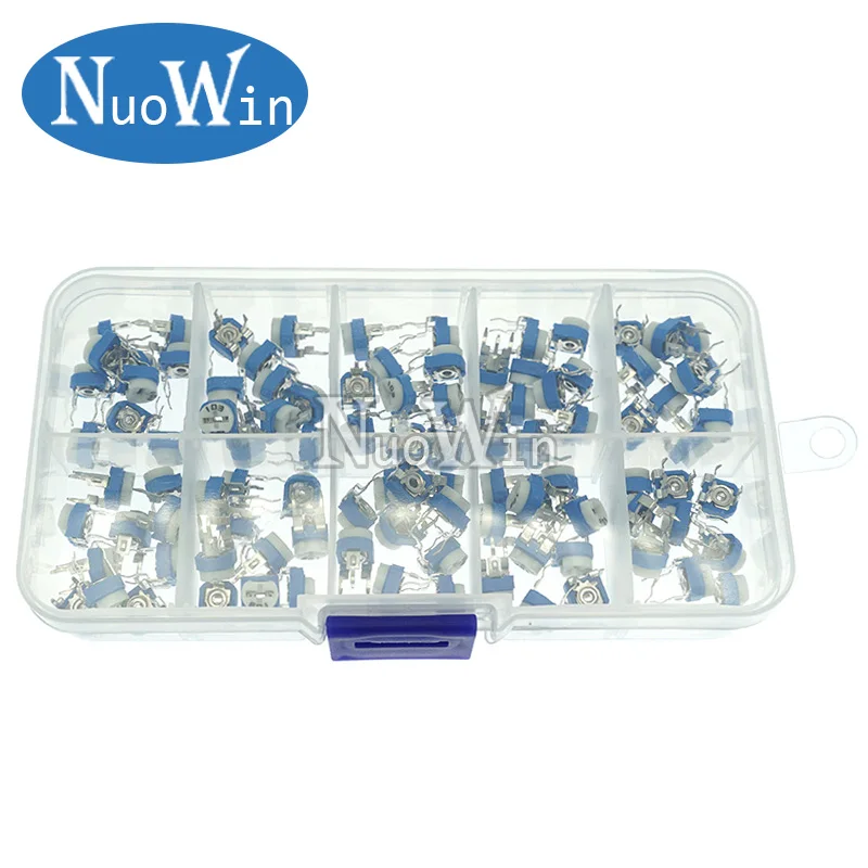 

100Pcs/Box RM065 Carbon Film Horizontal Trimpot Potentiometer Assortment Kit 10 Values Variable Resistor 500R - 1M