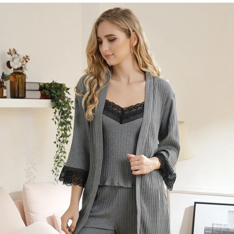 Pijama de algodão romântico, conjunto com 3 peças de camisola, roupa de dormir sensual para primavera e outono, com renda