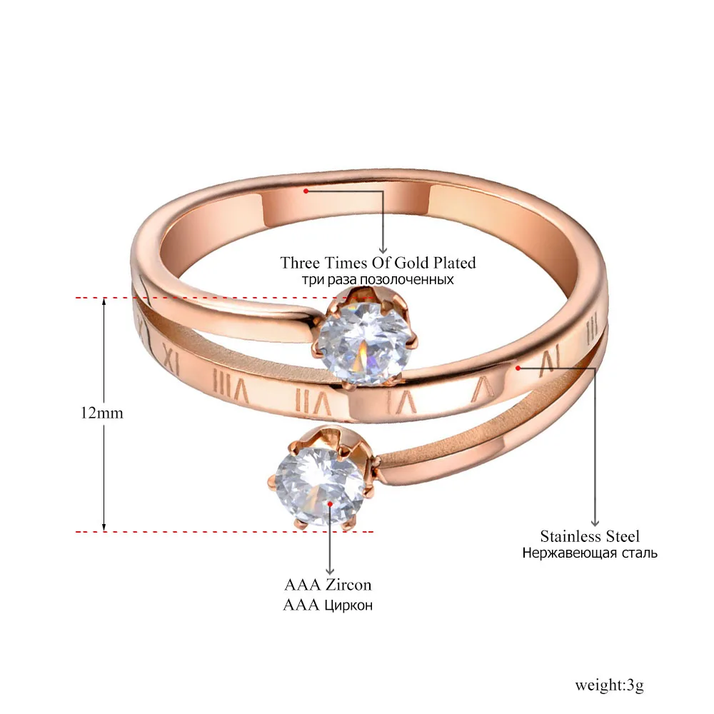 JeeMango Trendy Stainless Steel Roman Numerals Rings For Women Rose Gold Color Double Cubic Zirconia Engagement Jewelry JR19118