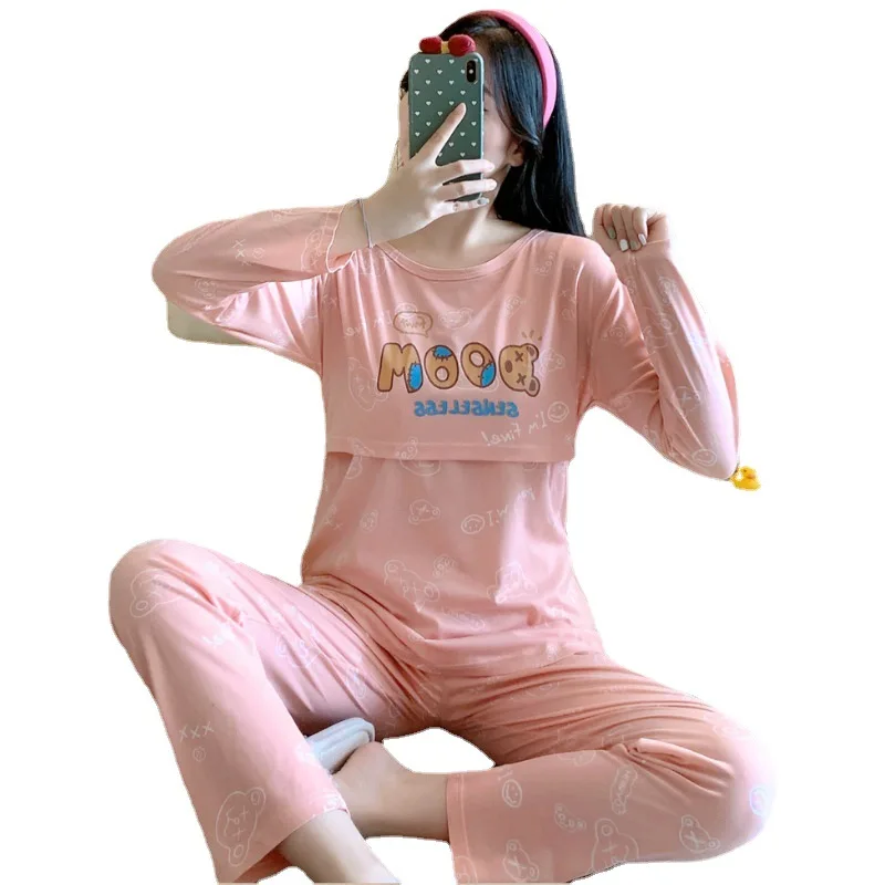 Conjunto pijama de enfermagem feminina pós-parto, pijama maternidade, calças compridas, tops gravidez amamentação desenhos animados, outono