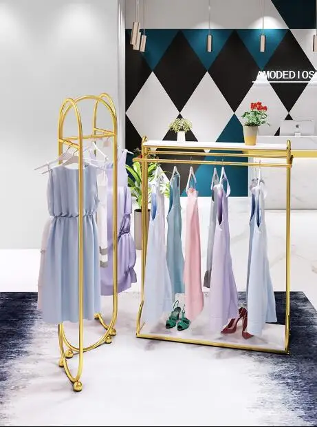 Multi functional double row mid Island shelf women's clothing shelf Nordic clothing store display shelf gold display shelf