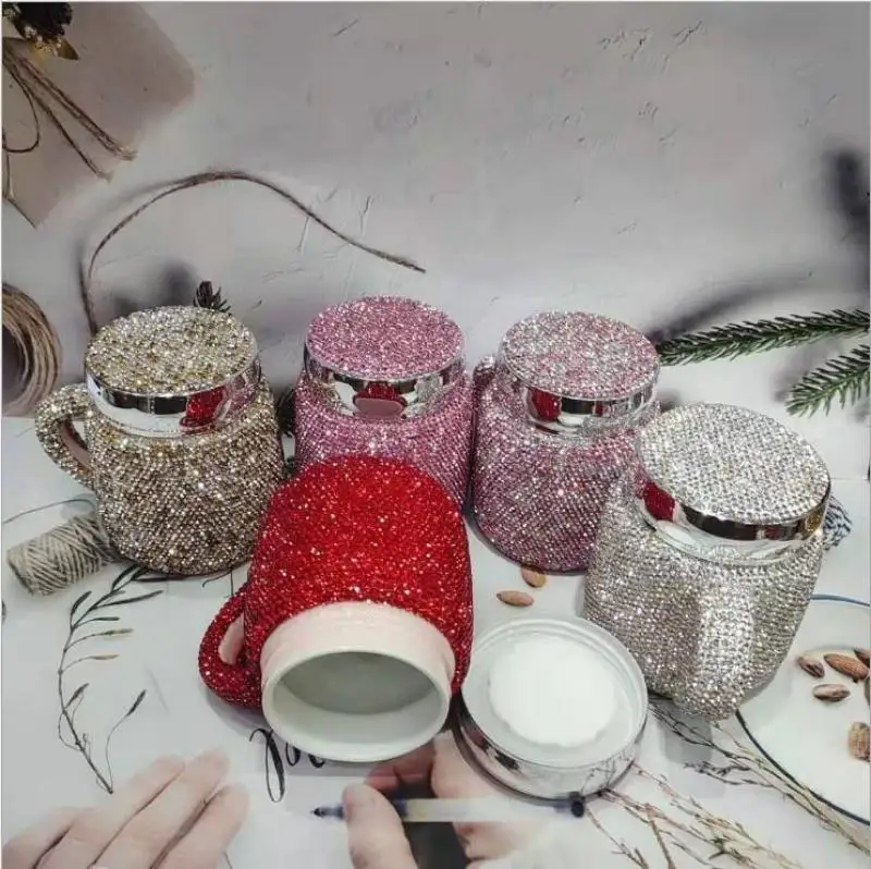 300ML Handmade Diamond Coffee Cup Rhinestone Sparkling Bottle Coffee Mug with Lid Office Mug for Gift