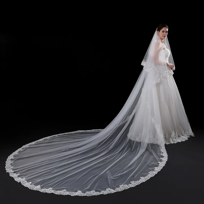 JaneVini 2019 Elegant Cathedral Ivory Wedding Veils with Comb Two Layer Sequins Appliques Edge Long Bridal Veil Voile 5M Mariage