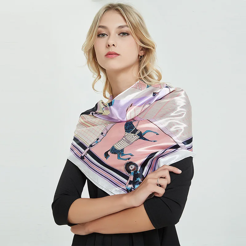 

2021 Spring New Silk Scarves Wholesale Satin Imitation Silk Women 90cm Large Square Scarf Soot Purple