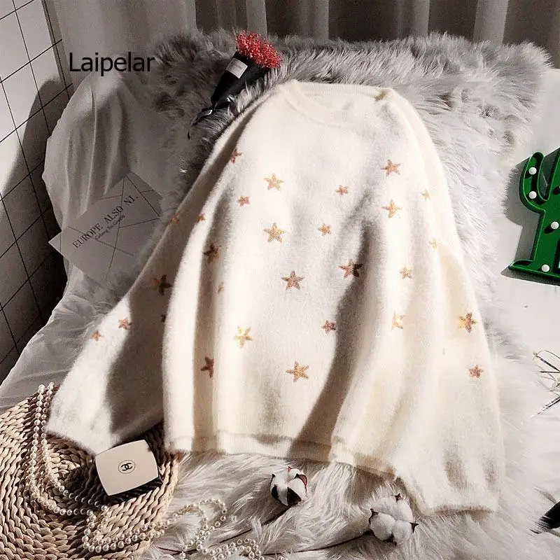 

Mohair Sequins Star Women Sweaters Long Sleeve Black White Fashion Pullover Female Thick Autumn Winter Jumper Korean