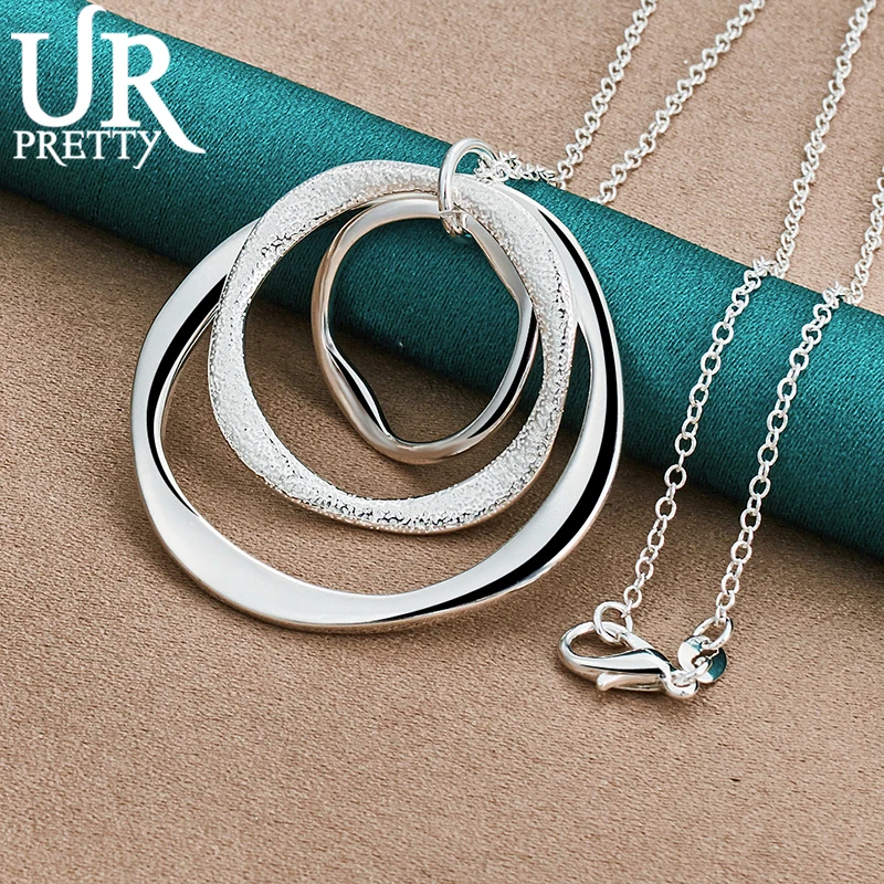 URPRETTY 925 Sterling Silver Circle Pendant Necklace 16/18/20/22/24/26/28/30 Inch Snake Chain For Woman Party Wedding Jewelry