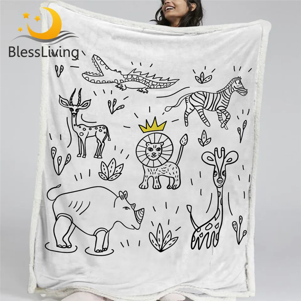 

BlessLiving African Animal Bed Blanket Doodle Lion Kids Bedding Hand Drawn Wildlife Throw Blanket Cartoon Giraffe Sherpa Blanket