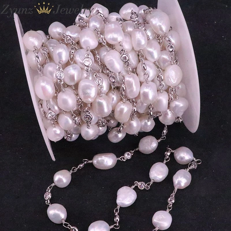 3 Meters, Freshwater Pearl and White Zirconia Rosary Beaded Chain -Pearl Beads Wire Wrapped Rose Gold/Gold / Silver Color Chain