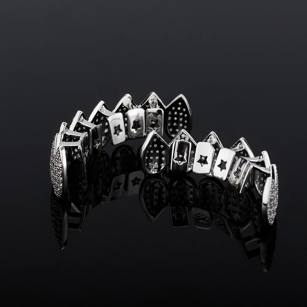 TOPGRILLZ 2021 New Iced Out CZ Teeth Grillz Set Top & Bottom 14K Gold Plated Hip Hop Rapper Jewelry Party Gift For Men Women