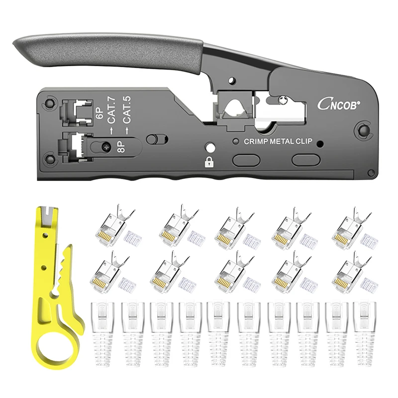 RJ45 Crimp Tool Easy Press Ethernet Cable Telephone Line RJ11 Crimping Tool+10pcs Cat6 Connectors with Tails+ 10pcs Boots