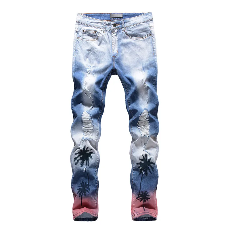 Idopy Men`s Cool Printed Jeans Stretchy Designer Distressed Denim Pants With Knee Holes