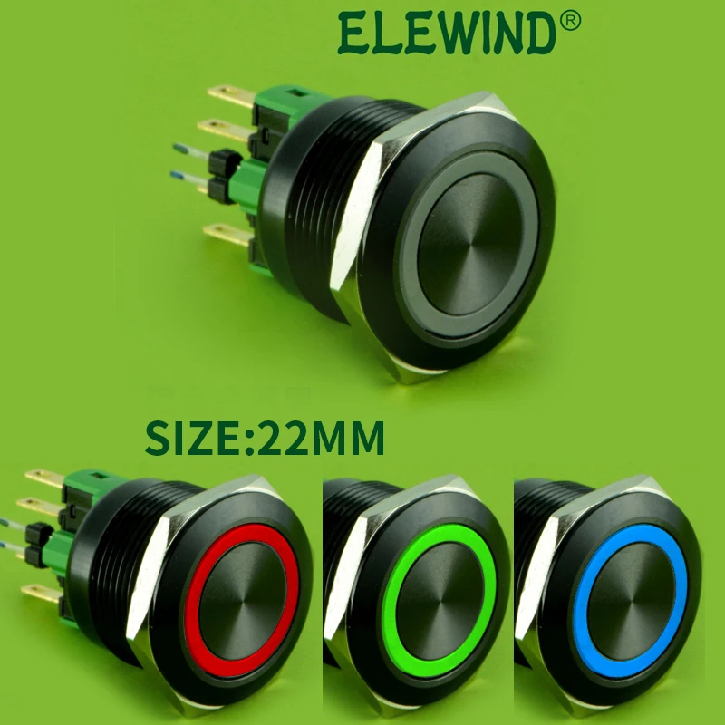 22mm  black aluminium or Stainless steel 3 three led color ring illuminated push button switch latching(PM221F-11ZE/RGB/12V/A )