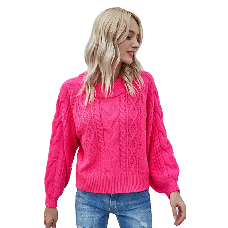 Women\'s Neon Sweater Autumn Winter Female\'s O-neck Casual Noodles Grain Loose Knitted Shirts Ladies Fuchsia Pink Jumper