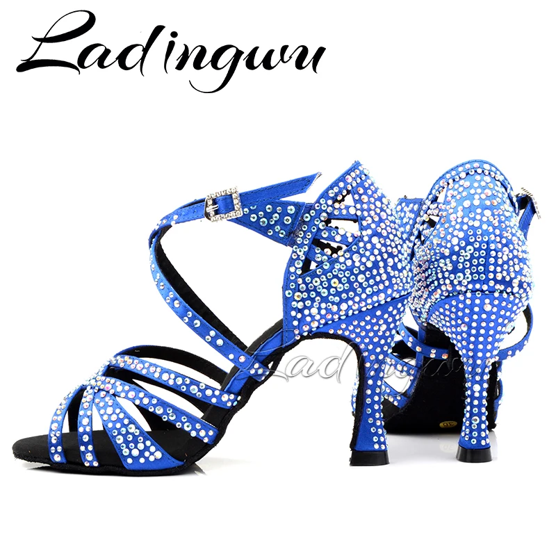 Ladingwu Dance Shoes Satin Women Party Shining Rhinestones Soft Bottom Latin Dance Shoes Woman Salsa Dance Shoes Heel 6CM-10CM