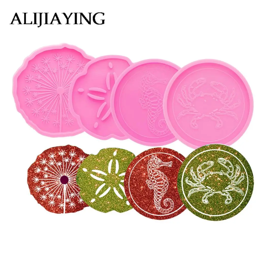 DY0833 Glossy Dandelion/Lotus/Hippocampus/Crab/Mermaid Round Geode Coaster Agate Resin Silicone Molds To Make Crafts with Epoxy