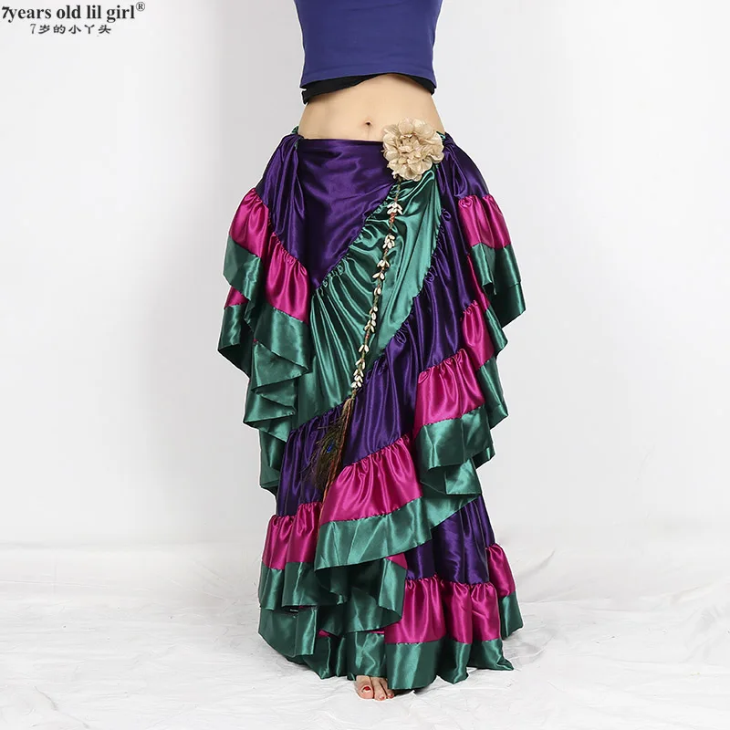 2024 Belly Dancing Tribal Ruffle Flamenco 720 Degree Satin 25 Yard 4 Tiered Skirt Gypsy Skir 9EX54