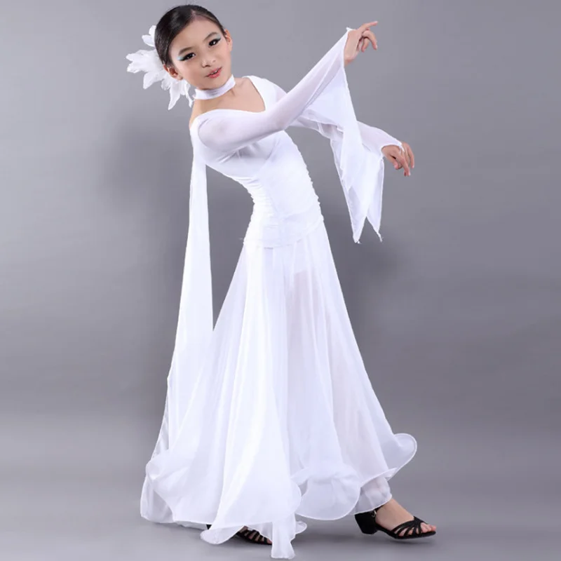 Chiffon Long Sleeves Standard Competition Ballroom Dance Dress Fo Girl Kids One Piece Child Modern/Waltz/Latin Dancing/Dancewear