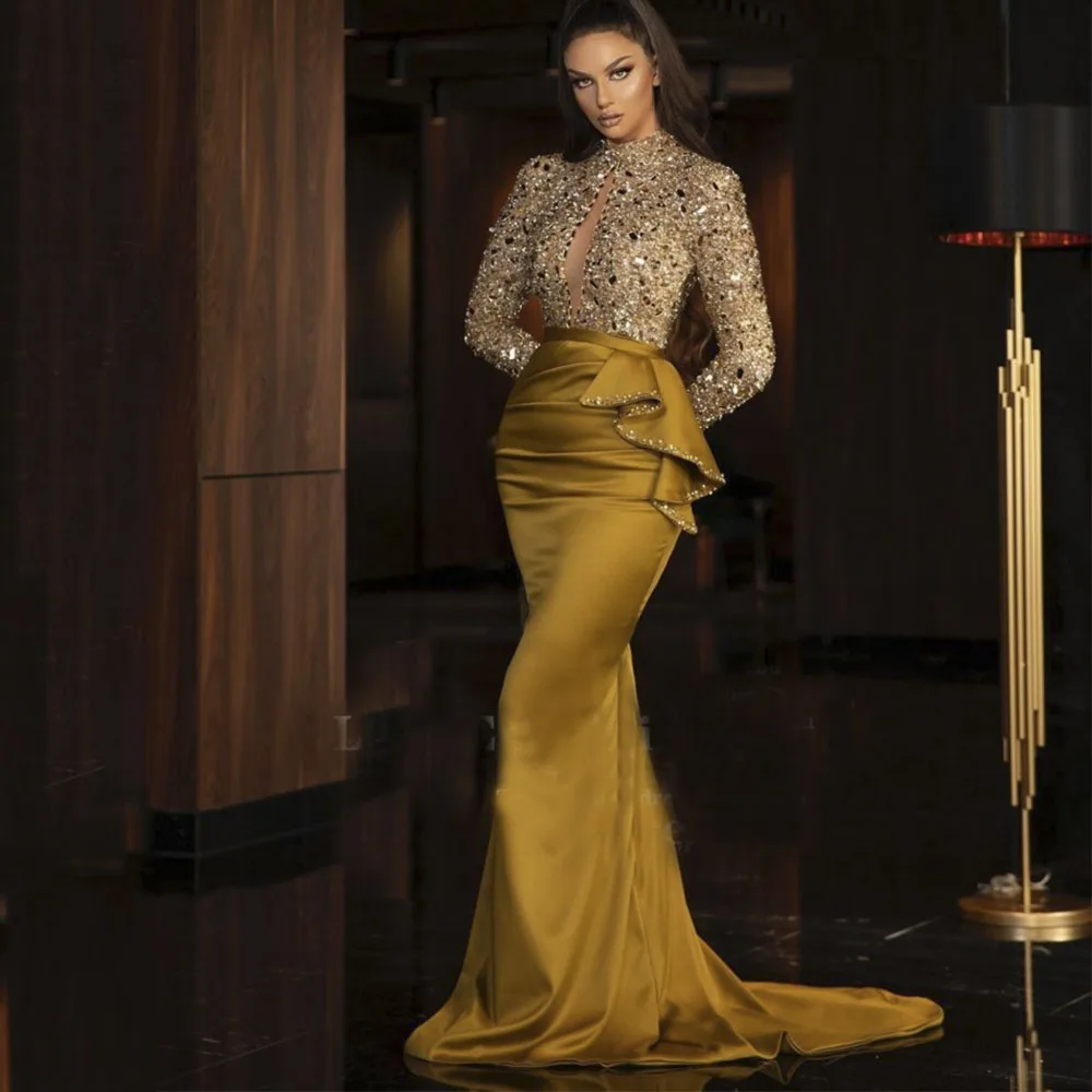 Elegante vestido de noche dorado de cuello alto con cuentas y lentejuelas, manga larga, abertura frontal abierta, sirena, fiesta de graduación, vestido de cóctel