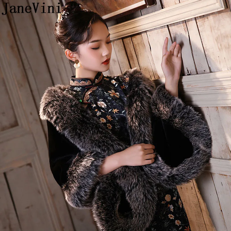 

JaneVini Gray Fur Edge Jackets for Women Fashion Black Faux Fur Wraps Bridal Shawl Capes Winter Wedding Bolero Femme Stole Cloak