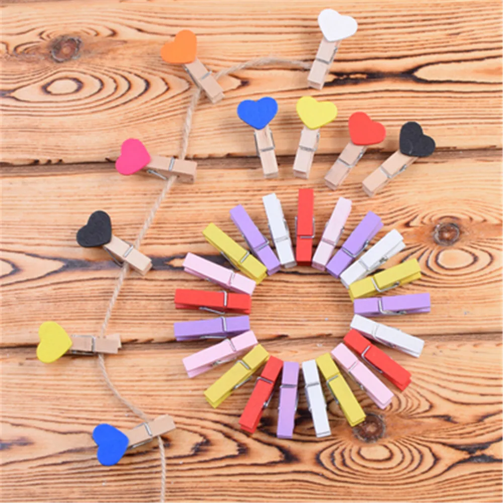 50pcs/lot Red Heart Love Wooden Clothes Photo Paper Peg Pin Mini Clothespin Postcard Clips Home Wedding Decoration Stationery