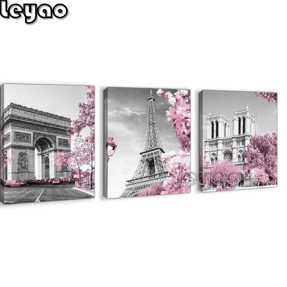 Full Square Diamond Painting paris tower pink flower city building Embroidery Full Display Diamond Mosaic Crafts Kit 3 piece set