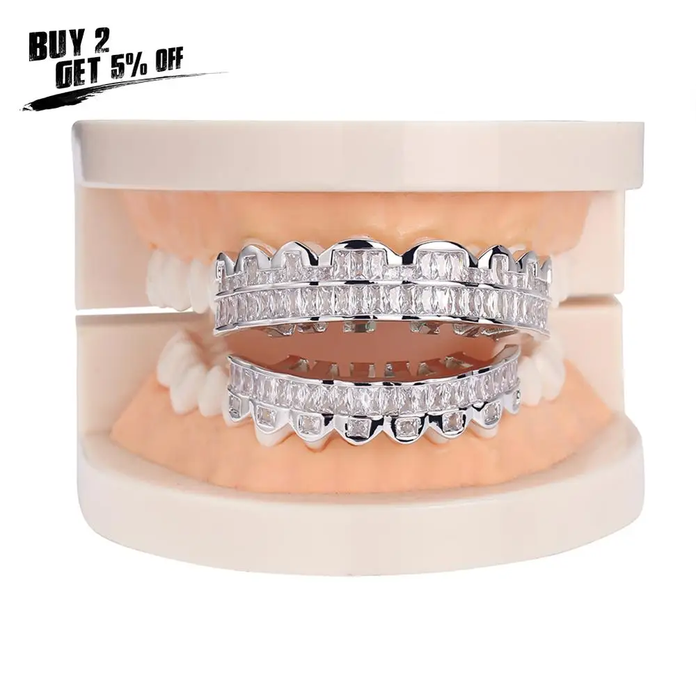 JINAO New Plated HIP HOP Teeth Grillz Top & Bottom Grills Set With silicone Real Shiny  Grill Sets Bling AAA Cubic Zircon
