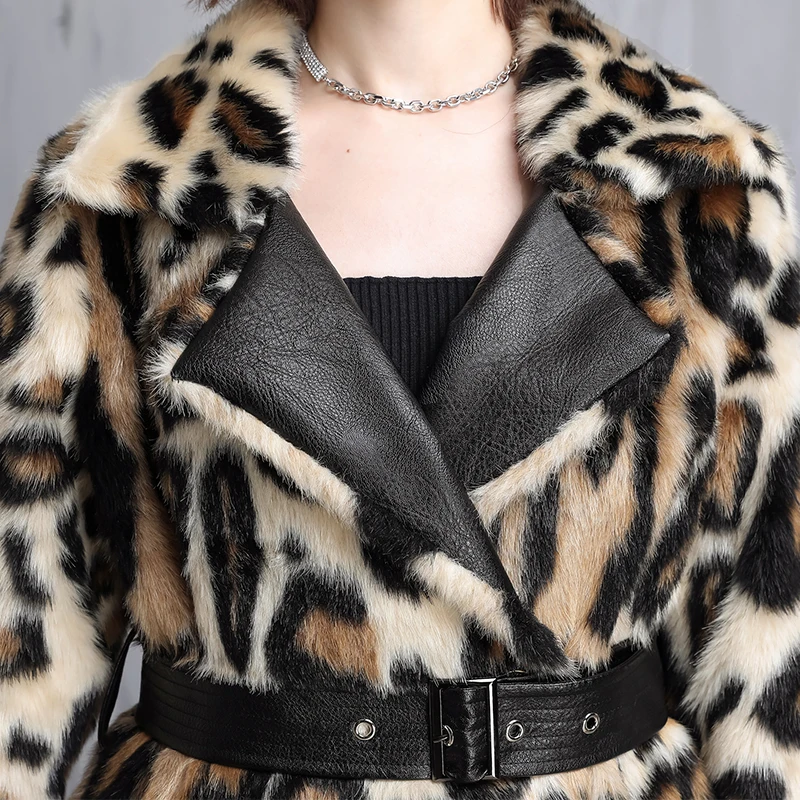 Nerazzurri Winter Long Leopard Print Warm Fluffy Faux Fur Coat Women with Leather Belt Runway Luxury Europen Style Fashion 2021