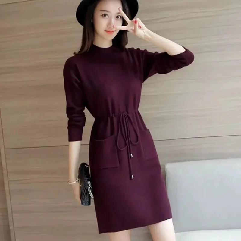 Women Knitted Sweater Dress New Solid Drawstring Waist Pocket Pullover Knit Dress Women Autumn/Winter Dress Office Lady Vestidos