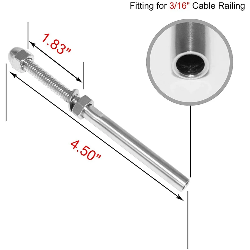 20Pack Threaded Terminal Stud Stainless T316 Marine Grade Stud End Fitting Terminal for 3/16 Inch Cable Deck Railing Hand Swage