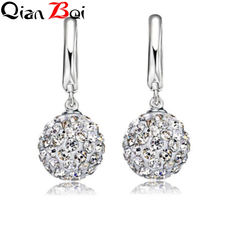 QianBei Hot Sale Multi Color 1 Pair Real Pure 925 Sterling Silver Austrian Pave Disco Ball Hoop Lever Back Earring Woman Jewelry