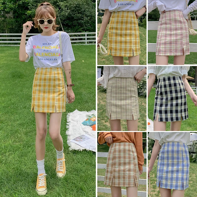 

High Waist Slit A- line Sheath Skirt Women's Short Skirt 2021 New Skirt Korean Style Student Style Lined Plaid Skirt jk