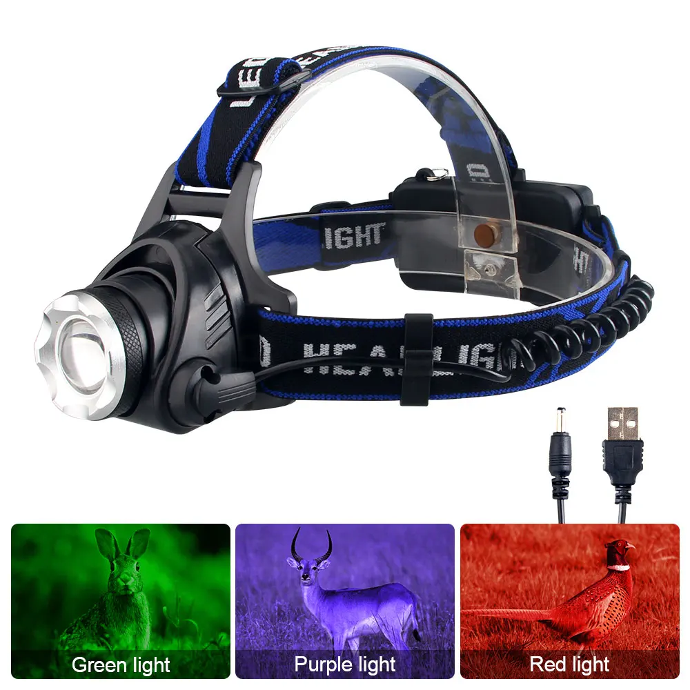 Tactical Red/Green/Purple Light Head Torch Zoomable LED Headlight USB Charging 3 Modes Headlamp Power by 2*18650 Battery