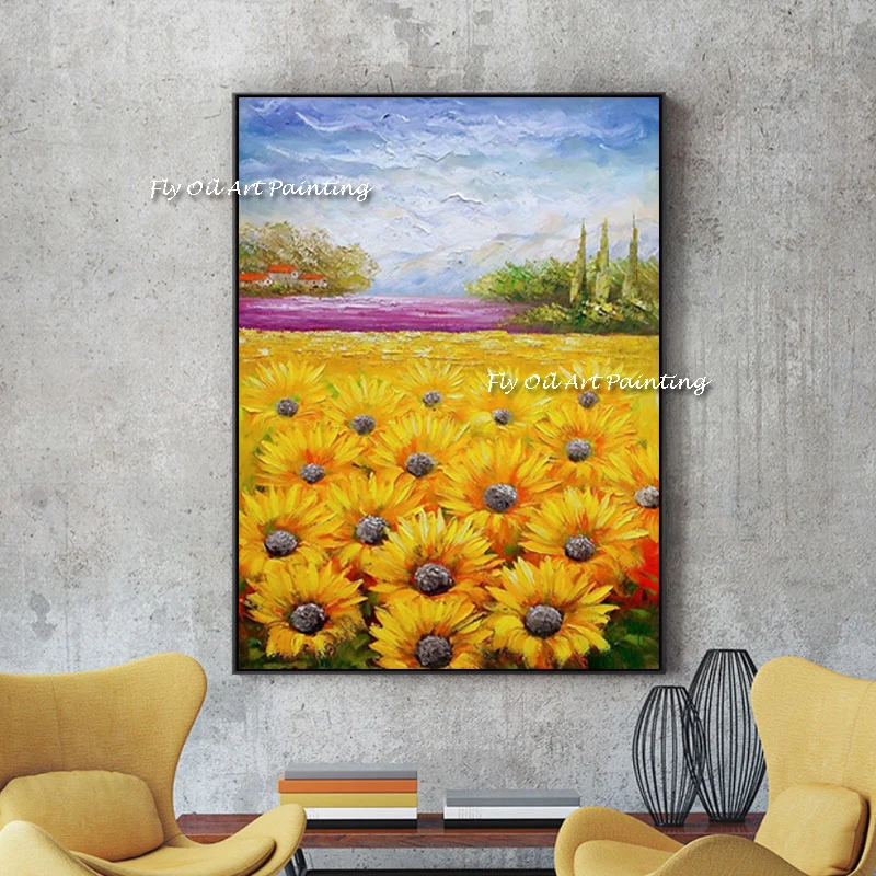 Sunflower Field Landscape Hand Oil Painting On Canvas Bedroom Decor Modern Wall Art Living Room No Frame Picture Home Decoration