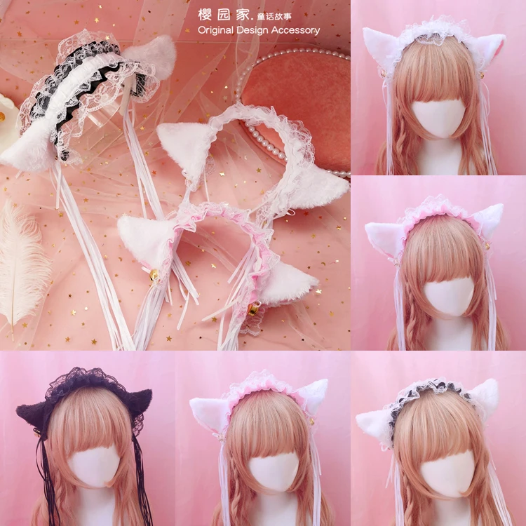 

Japanese girl lace bells cat ears headband lolita maid head hoop cat ears headdress handmade headband